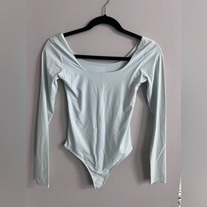 Light Blue Women's Almere Scoop Neck Long Sleeve Thong Bodysuit, size S
